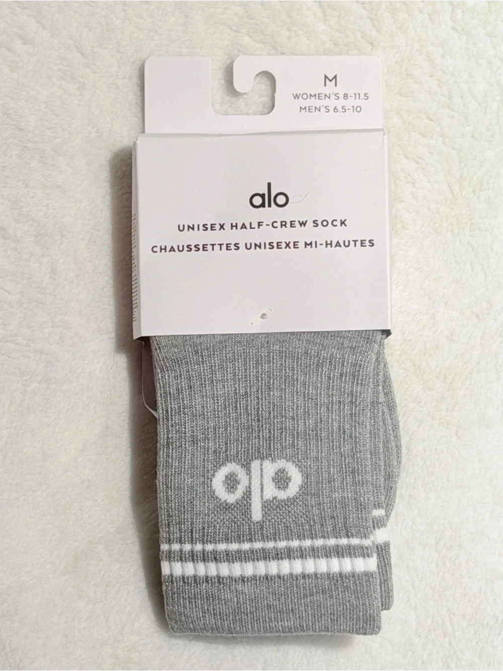 ALO Yoga Men's Unisex Half-Crew Socks in Light Gray with White Logo